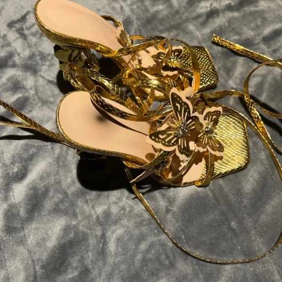 Hella Heels Shoes - Gold Butterfly Lace-Up High Heel Sandals by